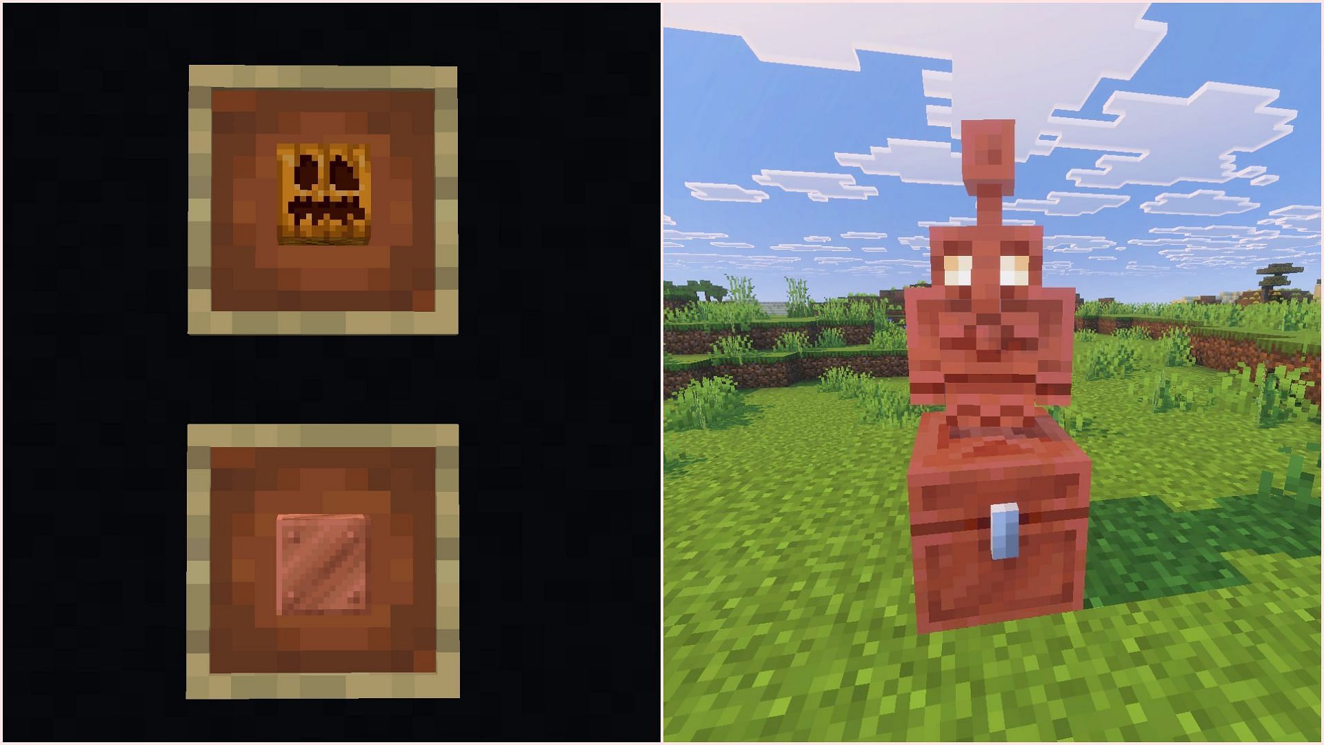 A copper golem can be created using one block of copper and one carved pumpkin (Image via Sportskeeda Gaming || Mojang Studios)